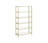 VASAGLE Estantería de Cristal de 6 Niveles, Librería, Expositor, Cristal Templado, Fácil de Montar, para Baño, Salón, Dormitorio, Oficina, Dorado Metálico LGT503A01