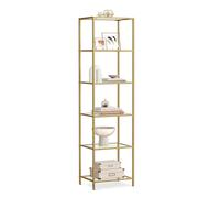 VASAGLE Estantería de Cristal de 6 Niveles, Librería, Expositor, Cristal Templado, Fácil de Montar, para Baño, Salón, Dormitorio, Oficina, Dorado Metálico LGT500A01