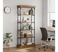 Estantería de libros alta de 6 niveles - Estilo industrial independiente - Estructura de metal negro y madera - Estantes abiertos para oficina, sala o cocina - 190cm - Clásico rústico - Color Clásico