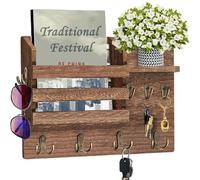 Estantería de pared Ibzenoa® con caja para llaves – Madera de paulownia, 4 ganchos dobles + 3 ganchos individuales, estante y imanes, ideal para pasillos, oficinas o salones, dimensiones: 34 x 22 x 8