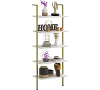 Estantería de pared Ibzoa® con 5 niveles, 60x30x183 cm – Blanco y dorado, estructura de metal con estantes de madera resistentes, resistente al agua, para montaje en pared, con sistema antitipe y prot