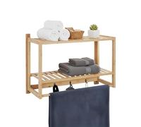 Estantería de Pared Relaxdays para baño, H x W x D: 40 x 60 x 23,5 cm, bambú, Barra para Toallas, 3 Ganchos.