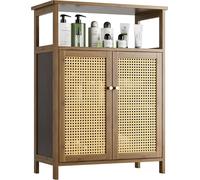 Estantería de pie para baño, organizador de bambú con mesa, con 2 puertas de ratán y 1 estante, mueble auxiliar de madera para pasillo, lavandería, cocina o salón