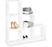Estantería escalonada de 2 niveles con 6 compartimentos, dimensiones aproximadas: 109 x 106 x 30 cm, sistema de montaje sencillo, ideal como separador de ambientes o estantería para escaleras, color b