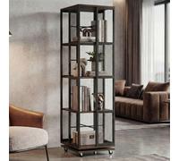 Estantería HWC-P13, estantería de pie, estantería giratoria, con ruedas giratorias, metal industrial, melamina MVG, 147x40x40 cm, color marrón oscuro