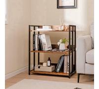 Estantería industrial de madera marrón con 3 estantes abiertos y una estructura metálica resistente, ideal para almacenamiento