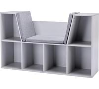 Estantería infantil con banco-reposapiés, banco infantil con 6 compartimentos, baúl con asiento y 3 cojines, caja de juguetes, a partir de 3 años. Color: blanco y gris. Dimensiones: 103 x 30 x 62 cm.