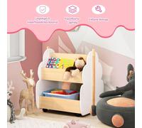 Estantería infantil de madera con ruedas universales, 2 niveles, con espacio para juguetes, sobre ruedas, color blanco y natural