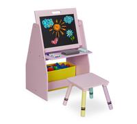 Relaxdays Estantería Infanftil con Pizarra y Taburete, Estante con 2 Compartimentos y 1 Caja de Tela, 84x52x45 cm, Rosa