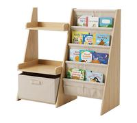 Relaxdays estantería Infantil 3 en 1, MDF Blanco/Natural | 7 bolsillos para libros, 2 estantes, caja, 80×84,5×34,5 cm