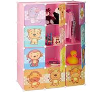 Estantería modular Relaxdays para habitación infantil, con motivos de animales, diseño para niñas, con puertas, barras para colgar ropa, armario de plástico de 145x110 cm, color rosa