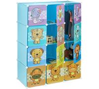 Estantería modular Relaxdays para habitación infantil, con motivos de animales, ideal para niños, con puertas, barras para colgar ropa, armario de plástico, 145x110 cm, color azul