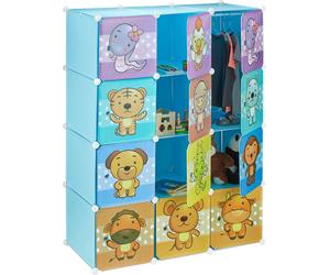 Estantería modular Relaxdays para habitación infantil, con motivos de animales, ideal para niños, con puertas, barras para colgar ropa, armario de plástico, 145x110 cm, color azul