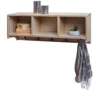 Estantería mural HWC-K49, armario de pared, estante con 3 compartimentos de almacenamiento, 5 ganchos, 30x80x20 cm, madera, color marrón natural