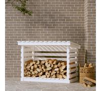 Estantería para leña de la marca Living Store, color blanco, dimensiones 108x73x79 cm, fabricada en madera maciza de pino