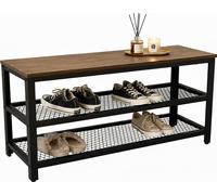Estantería para zapatos Relaxdays, para 8 pares de zapatos, dimensiones (alto x ancho x profundidad): 45 x 100 x 30 cm, 2 estantes de rejilla, banco con apariencia de madera, color marrón/
