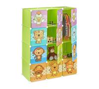 Estantería Relaxdays para habitación infantil, con adorables motivos de animales, puertas, barras para colgar ropa y armario de plástico, dimensiones 145 x 110 cm, color verde