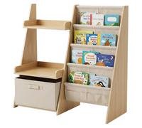 Relaxdays estantería Infantil 3 en 1, MDF Blanco/Natural | 7 bolsillos para libros, 2 estantes, caja, 80×84,5×34,5 cm