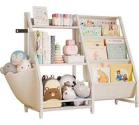 Estantería Unyqoos® para libros infantiles: 3 niveles con compartimentos de tela sobre una estructura robusta de tubo de hierro y panel de aglomerado, color beige/blanco, 85,5 x 30 x 75 cm. Ideal para