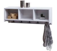 Estantería Wandregal HWC-K49, armario de pared, estante con 3 compartimentos de almacenamiento, 5 ganchos, 30x80x20 cm, madera, color blanco envejecido