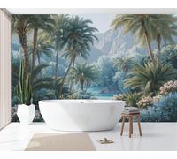 Estilo tropical fresco Papel pintado panorámico decorativo, Lago Oasis de Palmeras 3D mural impreso para dormitorio sala estar sala Oficina, Verde - 350x256cm
