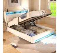 Estructura de cama de lino – Cama doble – Cama con almacenamiento – Cama tipo otomana – 140x200 cm – Elevador hidráulico – Iluminación LED con USB