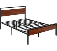 Estructura de cama de tamaño completo, marco de cama metálico de 35 cm con cabecero y piecero de madera marrón estilo retro, amplio espacio de almacenamiento debajo de la cama, antideslizante y silenc