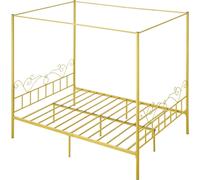 Estructura de cama tipo dosel de tamaño queen, cama con dosel de metal con cabecero y cuatro pilares de diseño minimalista, soportes de acero resistente, espacio de almacenamiento debajo de la cama, n