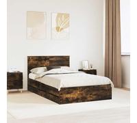 Estructura de madera ingenieril dormitorio moderno Marrón 210 x 123 x 90 cm | Estructura de cama Roble ahumado 120x200 cm Madera ingenieril con 6 cajones almacenaje y cabecero moderno