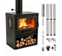 Estufa de Leña de Hierro Fundido, Estufa de Leña Independiente de Alta on Kit Completo de Chimenea, Doble Combustión y Sistema Air Wash, Estufa Decorativa para Interior (55 × 50 × 30 cm)
