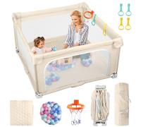 eSynic Parque Bebé Plegable 127x127cm Corralito Bebé Grande Playpen Bebé Interior Exterior Centro Actividades con Colchoneta Acolchada 50 Bolas Piscina Estructura Metal Asas y Canasta Portátil Beige