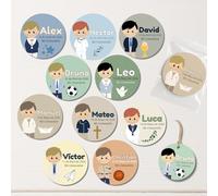 Etiquetas Primera Comunión Niño - Pack 24 | 10 Modelos + 10 Ilustraciones Personalizables | Adhesiva o Cartulina (con o sin cuerda) | Packs con Ahorro