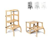 Ette Tete Step’n’Sit® Montessori Torre - Mesa de Aprendizaje Convertible • Multifuncional 2 en 1 (con Cierres de Negro, Madera)