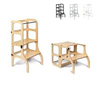 Ette Tete Step’n’Sit® Montessori Torre - Mesa de Aprendizaje Convertible • Multifuncional 2 en 1 (con Cierres de latón Antiguo, Madera)