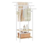 EUGAD Toallero de Baño de Pie, Toallero Pie con 3 Barras y 2 Estantes, Soporte Toallas con Espacio de Almacenamiento, Toallero Escalera de Madera y Metal, Blanco+Roble Claro