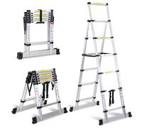 Eulenke Escalera Telescópica Plegable de Aluminio - 1,7 + 2 m, 5 + 6 Peldaños, Portátil, Antideslizante, Capacidad de 150 kg - Multiusos y Extensible