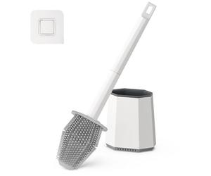 Euqvunn Escobillas de Baño Silicona, Set de Escobilla WC Montado en la Pared, Cepillo de WC de Limpieza Profunda con Cabezal de Doble Cara y Mango Largo de Plástico (Blanco)