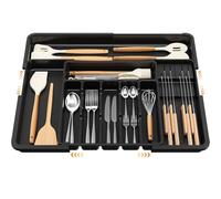 Euqvunn Organizador de Cubiertos Expandible, Bandeja Ajustable 6-9 Ranuras con 2 Bloques Removibles para Cuchillos, Compacto Plástico Cuberteros para Cajon Cocina Para Tenedores y Cuchillos (Negro)