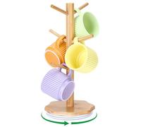 Euqvunn Soporte Tazas Giratorio de 360°, Soporte para Tazas de Café para Encimeras, Árbol para Tazas con Base Robusta de Madera en Forma de Pétalo, Soporte para Tazas de Madera con 6 ganchos - Madera