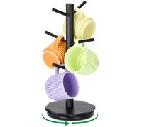 Euqvunn Soporte Tazas Giratorio de 360°, Soporte para Tazas de Café para Encimeras, Árbol para Tazas con Base Robusta de Madera en Forma de Pétalo, Soporte para Tazas de Madera con 6 ganchos - Negro