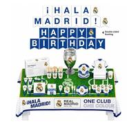 EuroFiestas, Decoracion de Cumpleaños Real Madrid, 75 Piezas con Plato, Vaso, Mantel, Servilleta, Cubiertos, Globo, Accesorios y Guirnalda, Decoracion Temática Oficial para Fiestas y Comuniones