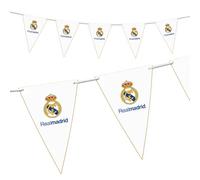Eurofiestas - Guirnalda Real Madrid Blanca 12 Banderines de Cartón con Escudo Oficial, Decoración Fiesta Cumpleaños Madridista para Pared, Mesa Dulce, Celebraciones y Fiestas de Fútbol