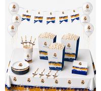 Eurofiestas - Kit Completo Cumpleaños Real Madrid para 8 Personas - Decoracion Fiesta Madridista con Mantel, Platos, Vasos, Globos, Pajitas y Cajas Palomitas