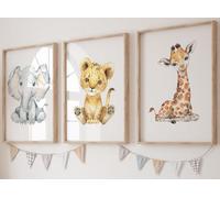 Eviepops Prints Láminas infantiles - set de 3 cuadros habitación bebé, pósters sin marco de animales safari (jirafa, elefante, león) para decoración infantil