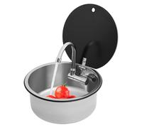 Évier de camping redondo de 34 cm en acero inoxidable 304 - Con grifo plegable y cubierta de vidrio templado - Kit completo con desagüe - Para caravana, yate y barco - Diseño compacto