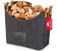 EVOCAMP gran cesta para leña de fieltro para almacenamiento, cesta de chimenea XXL en fieltro gris oscuro con asas de madera, bolsa para leña 44x44x30 cm