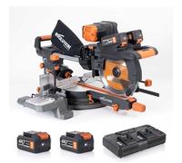 Evolution R255SMS-DB-Li Sierra ingletadora deslizante doble bisel inalámbrica, incluye 2 baterías de iones de litio de 18V 4Ah y cargador, hoja multimaterial para madera, metal y plástico de 255 mm
