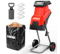 EWORK Trituradora eléctrica de madera de 15 amperios, diámetro de corte | 4 cuchillas SK5, alta relación de reducción 15:1 con bolsa de recogida de 45 L, trituradora eficiente para abono de jardín