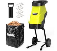 EWORK Trituradora eléctrica de madera de 15 amperios, diámetro de corte | 4 cuchillas SK5, alta relación de reducción 15:1 con bolsa de recogida de 45 L, trituradora eficiente para limpieza de