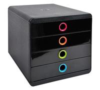 Exacompta 314498D - Módulo individual con 4 cajones para documentos A4+, ultra-rígido, cajones cerrados, con stop de seguridad - 347x278x267 mm - BIG-BOX - POP-BOX - Negro/multicolor